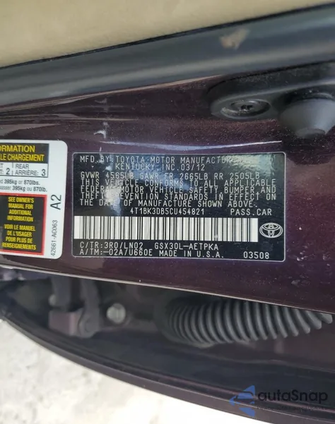 2012 Toyota Avalon Base из США, поврежденный, VIN 4T1BK3DB5CU454821